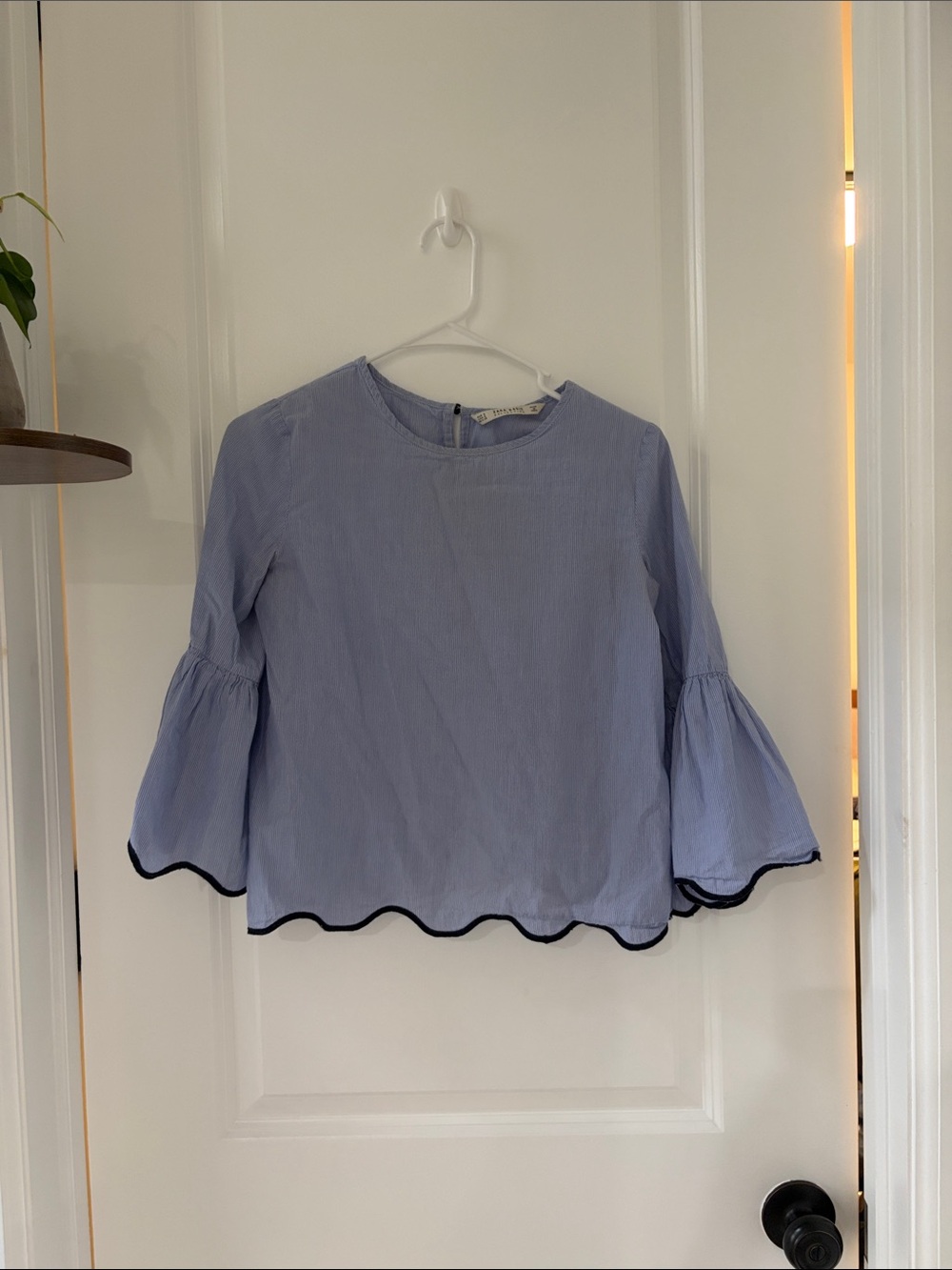 Zara Light Blue Striped Scallop-Trim Bell Sleeve Top